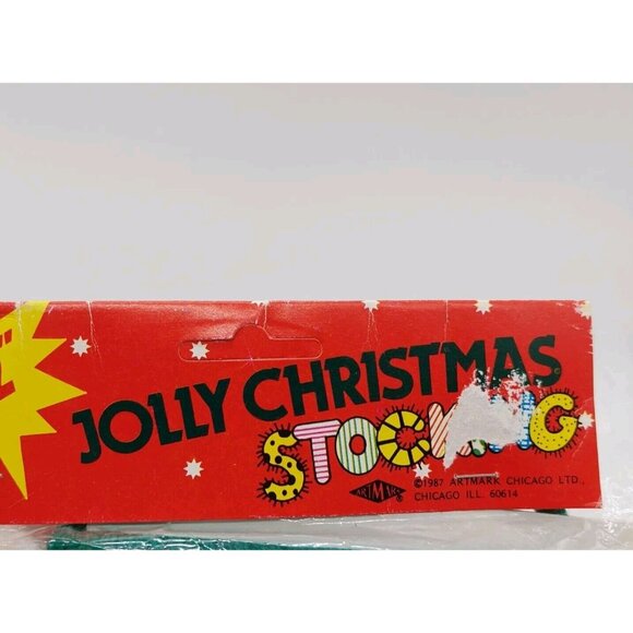 Christmas Stocking 22" Knitted Artmark 1987 Reindeer Green Red Pom Poms Read - Picture 4 of 5